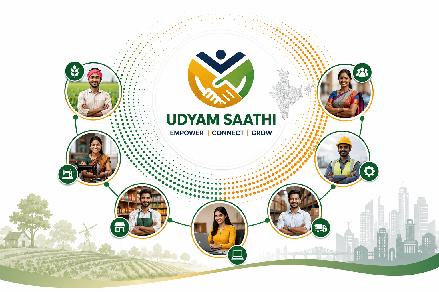 Illustration representing the Udyam Saathi initiative connecting entrepreneurs, farmers, artisans, traders, labourers, suppliers, and MSMEs across India.